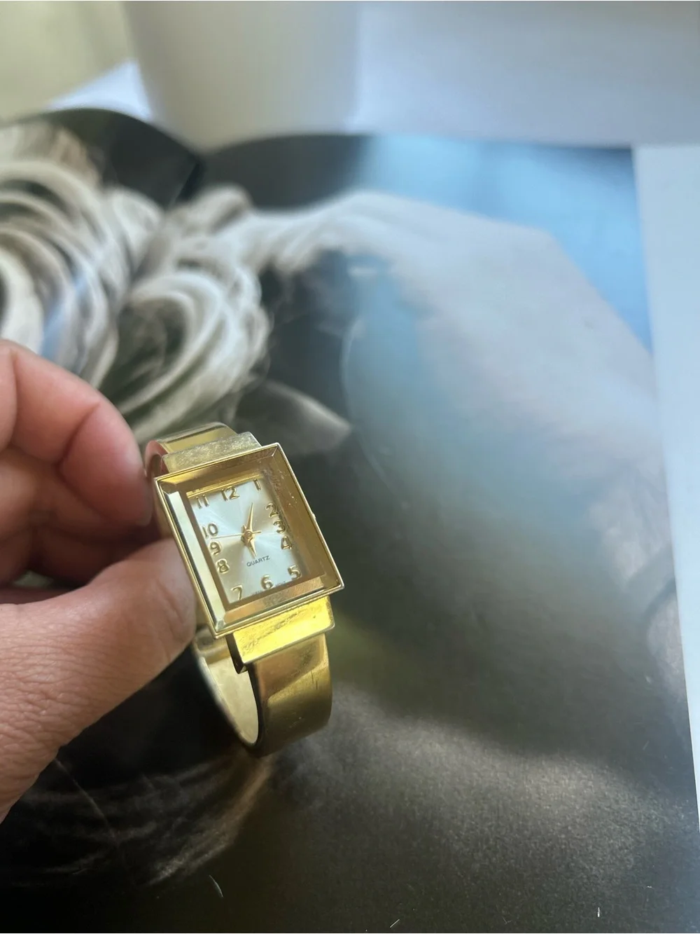 Gold Rectangular Face Quartz Bangle Watch